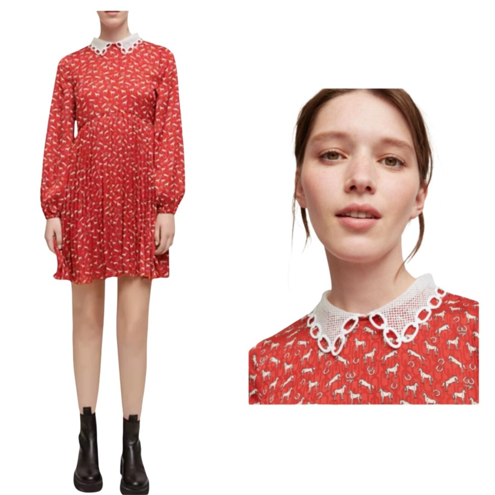 Maje Raina Horse Print Pleated Woven Mini Dress